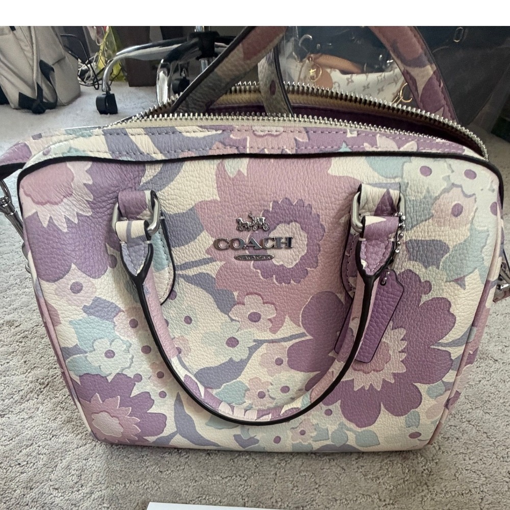 Coach Rowan Satchel Floral Print Pebble Leather Purple Multi Womens Handbag